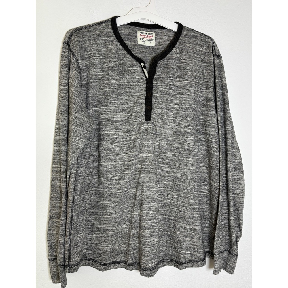 Lucky Brand Mens Henley Shirt Large Grey Space Dye Long Sleeve Casual Top L